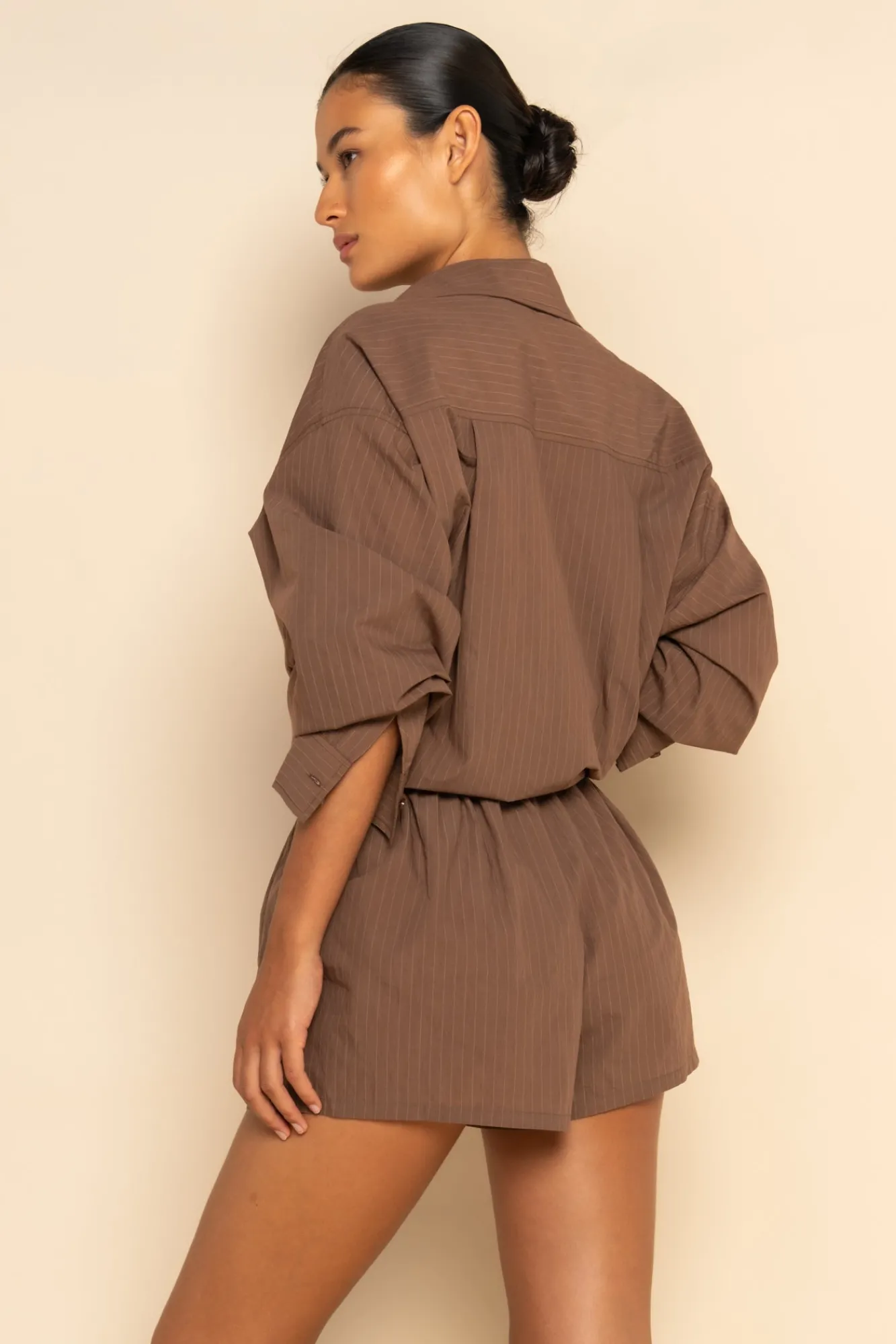 ELCE Swim Selalu|Bottoms-REMI SHORT - MOCHA PINSTRIPE
