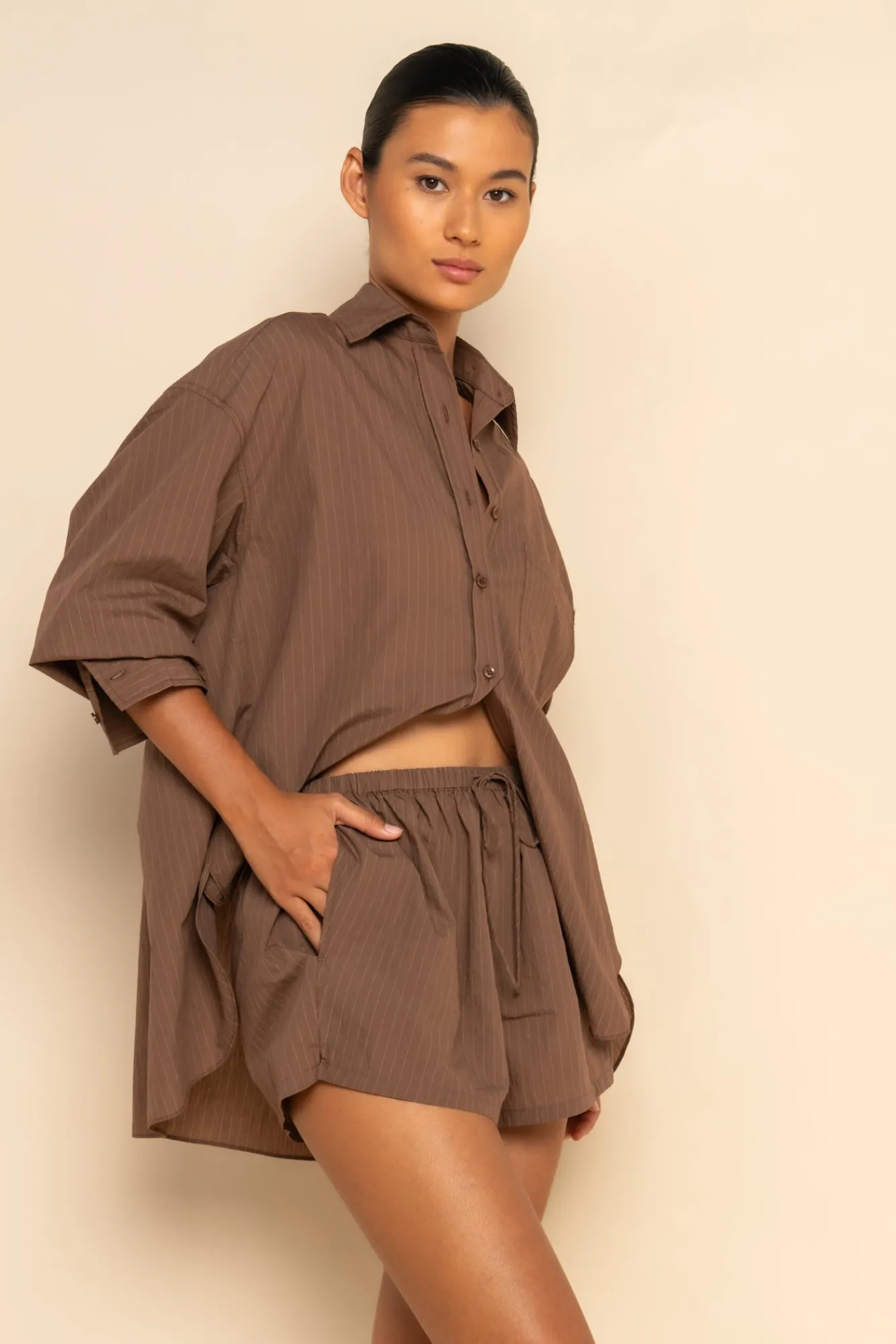 ELCE Swim Selalu|Bottoms-REMI SHORT - MOCHA PINSTRIPE
